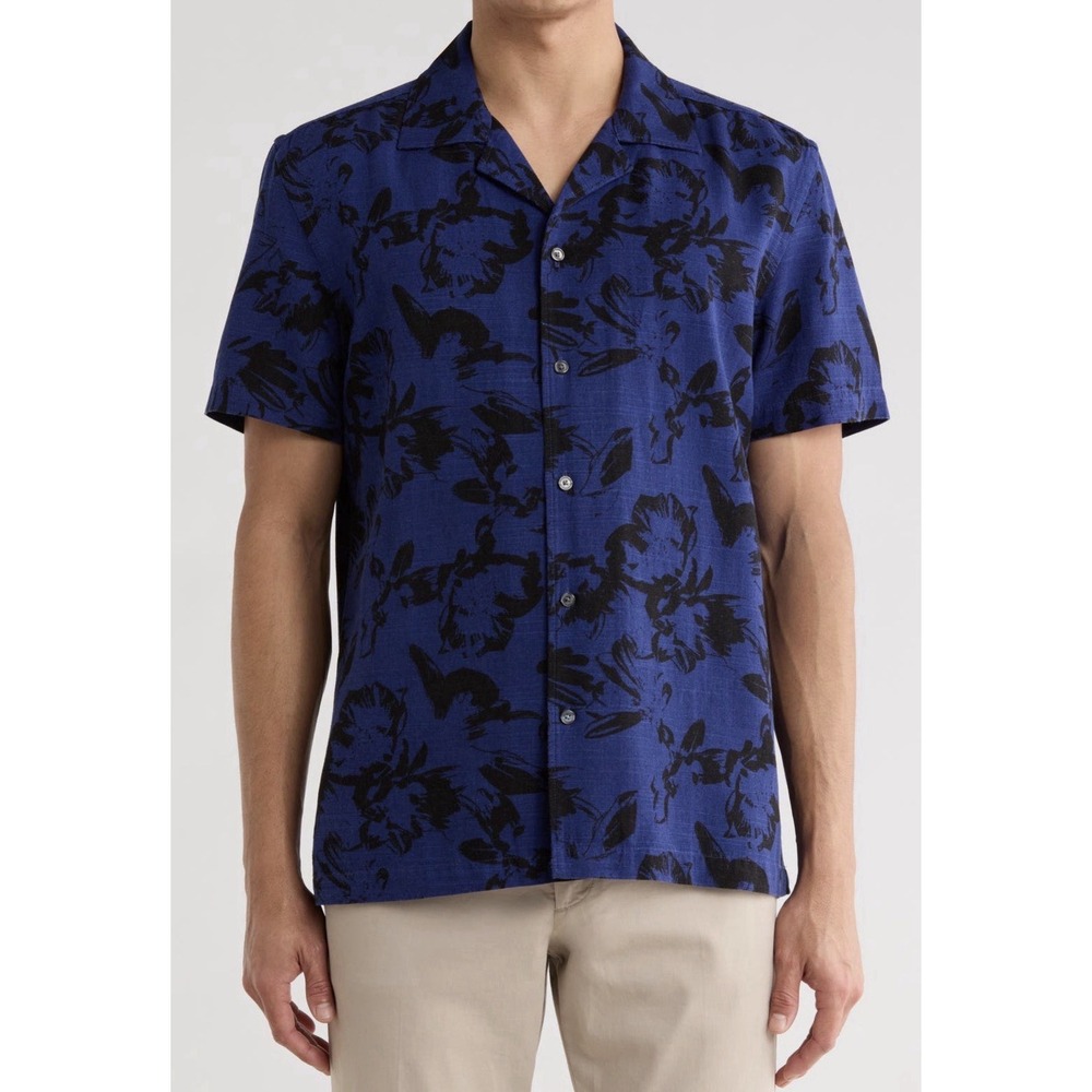 Ted Baker Men's Floral Button Up Camp Shirt Midnight Sail Blue Size M NWT